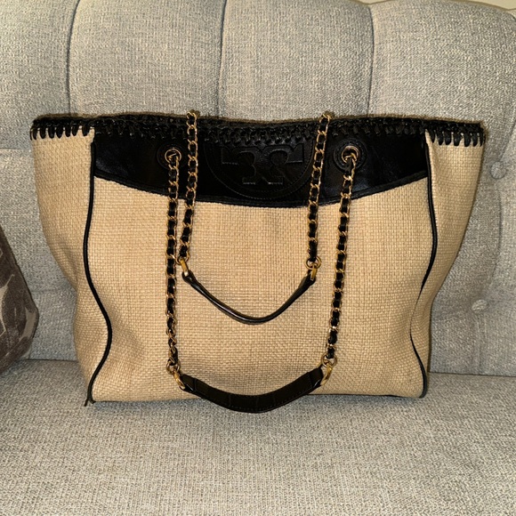 Tory Burch Handbags - Tory Burch Fleming Raffia Black & Beige Tote